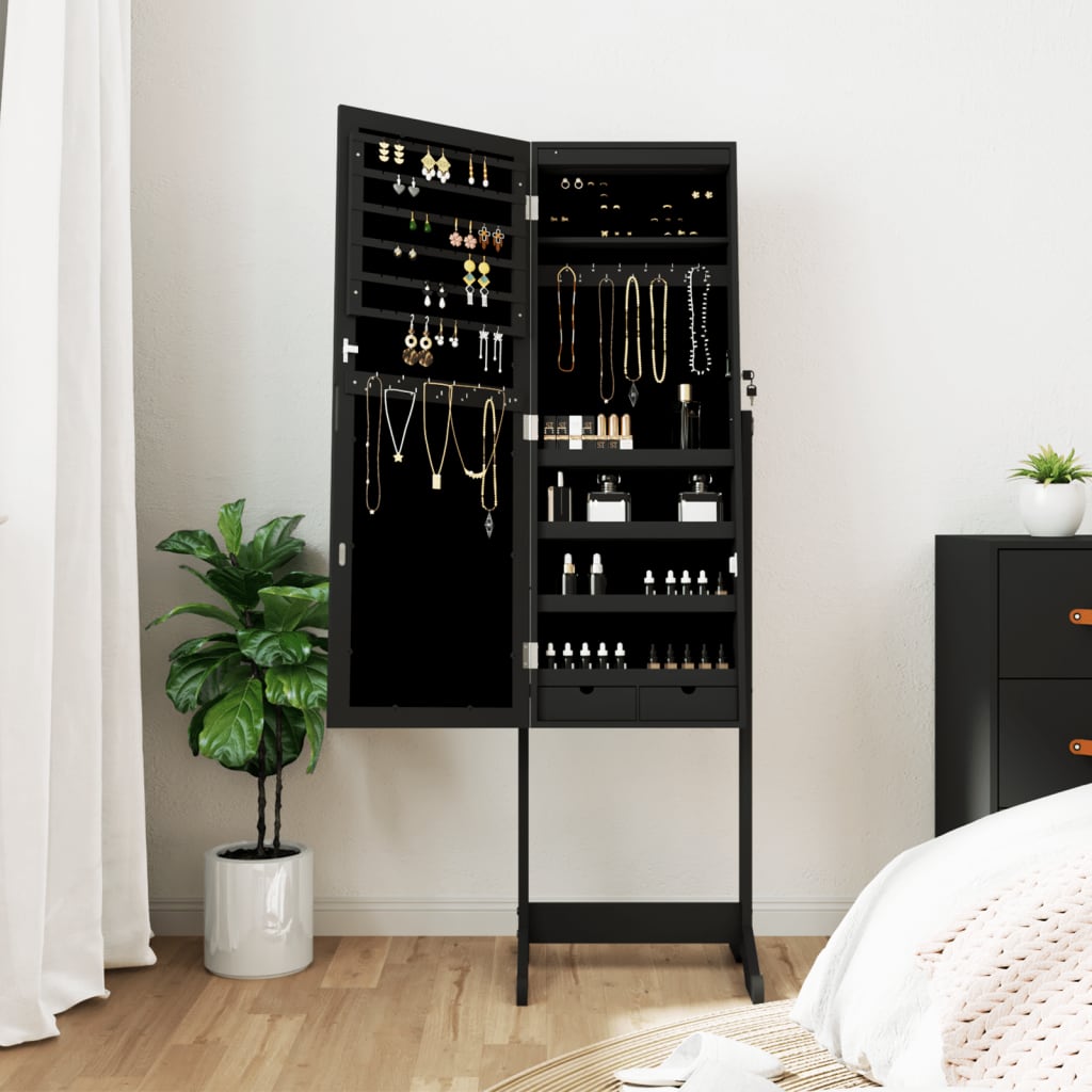 Vidaxl Schmuckschrank mit Spiegel und LED -Beleuchtung freistehend Schwarz