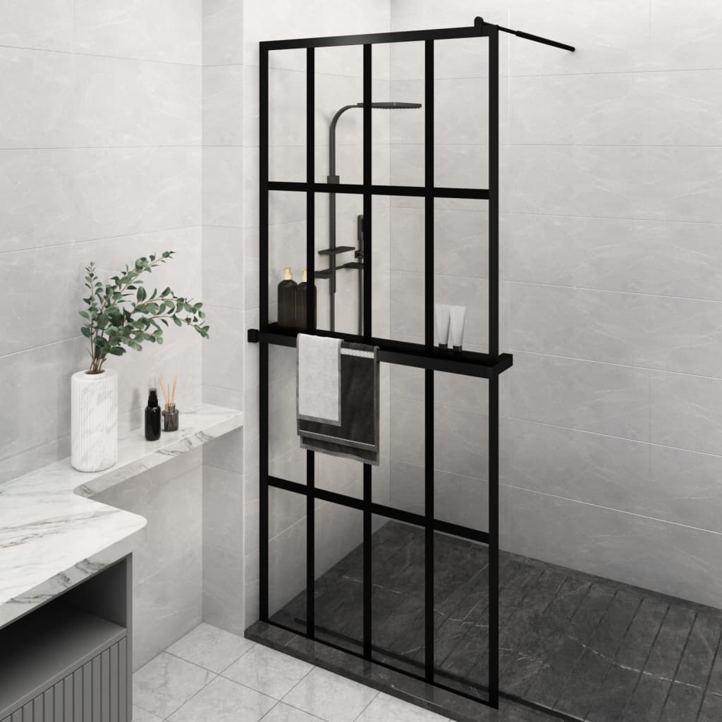 Vidaxl begehete Duschwand mit Regal 90x195 cm Esg-Glas Aluminium Schwarz