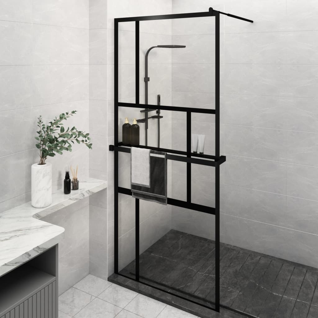 Vidaxl Walk-in Duschwand mit Regal 100x195 cm Esg-Glas Aluminium Schwarz