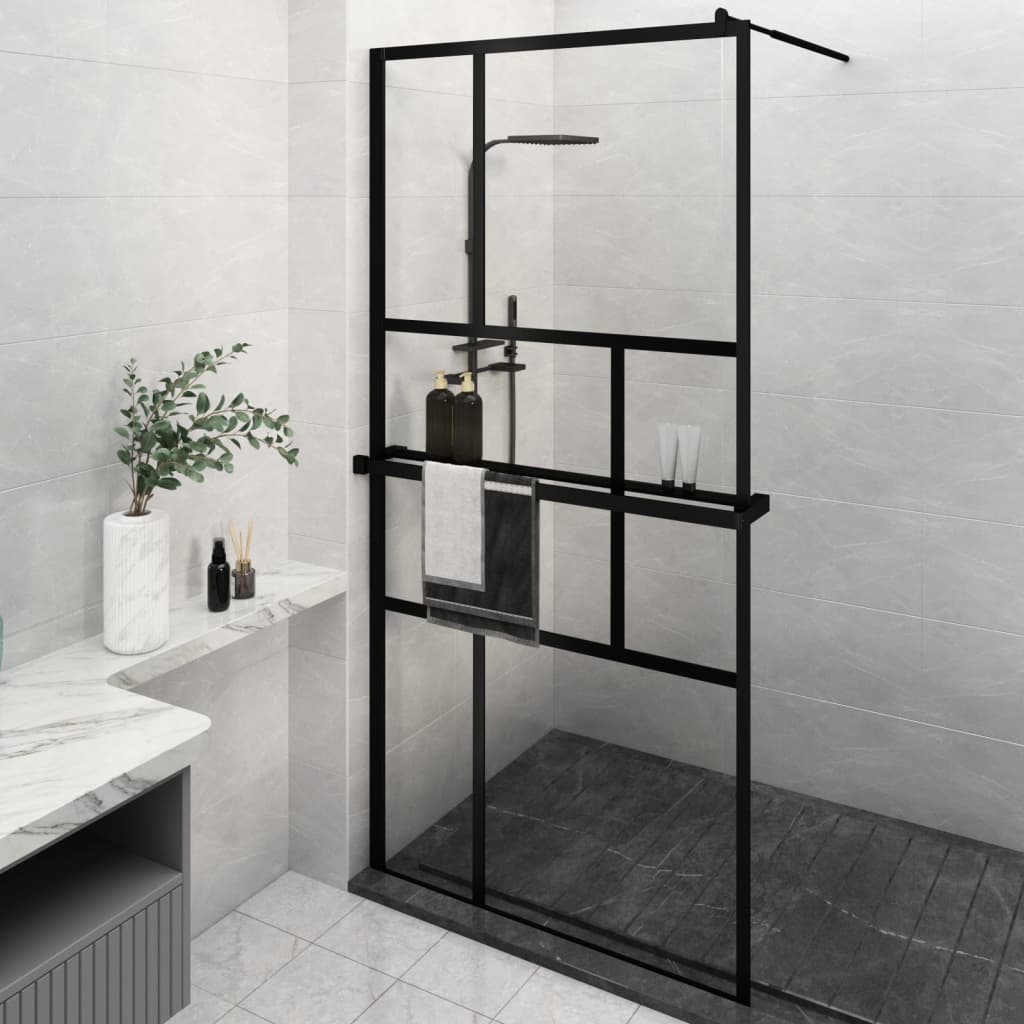 Vidaxl begehete Duschwand mit Regal 115x195 cm Esg-Glas Aluminium Schwarz