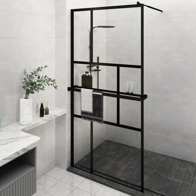 Vidaxl begehete Duschwand mit Regal 115x195 cm Esg-Glas Aluminium Schwarz