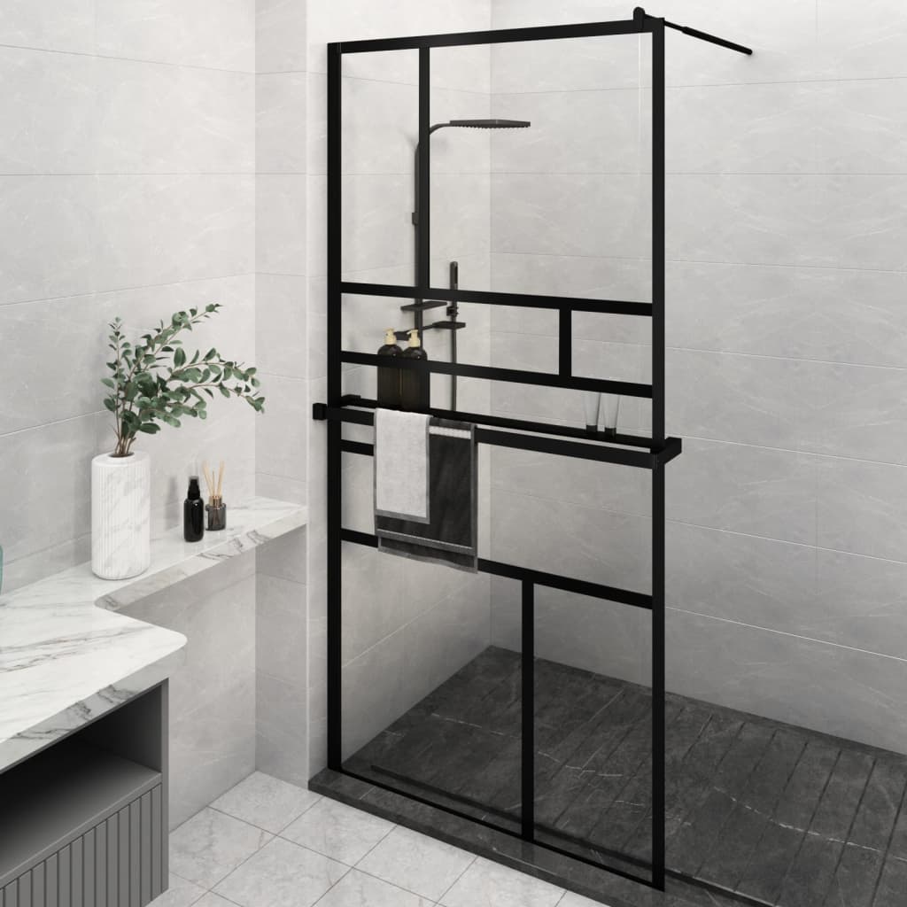 Vidaxl begehete Duschwand mit Regal 115x195 cm Esg-Glas Aluminium Schwarz