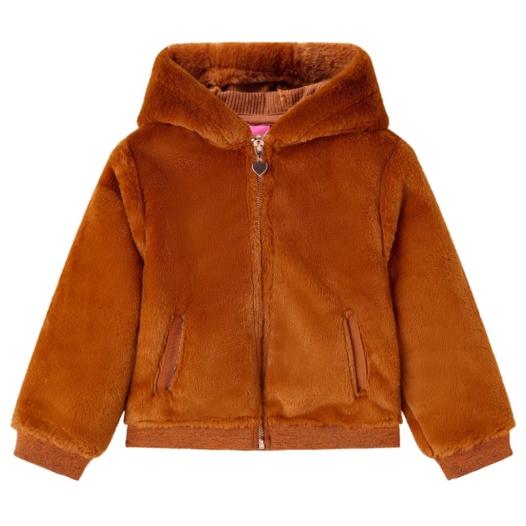 Vidaxl Kinderjacke mit Haube 140 künstliches Fahrzeug Cognac gefärbt