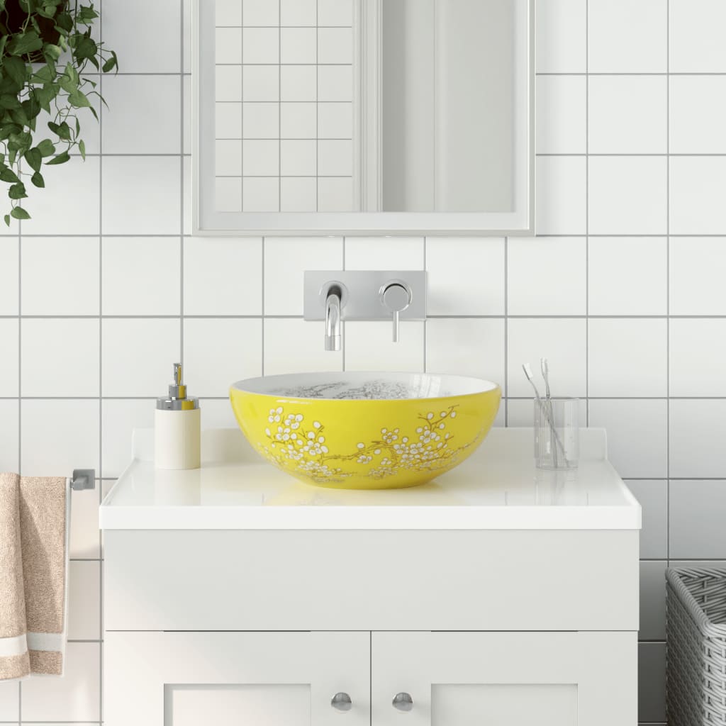 VIDAXL STRACTION WASKER RUND φ41x14 cm Keramik weiß und gelb