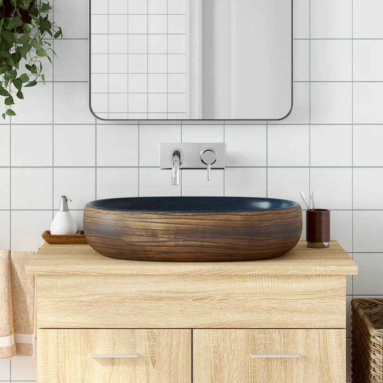 VIDAXL STRACTION WASKER OVAAL 59 x 40 x 14 cm Keramikbraun und Blau