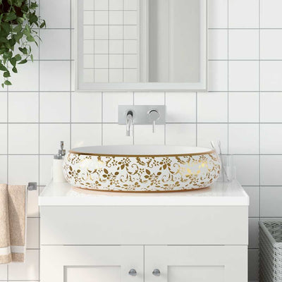 VIDAXL STRACTION WASKER OVAAL 59 x 40 x 15 cm Keramik Weiß und Gold