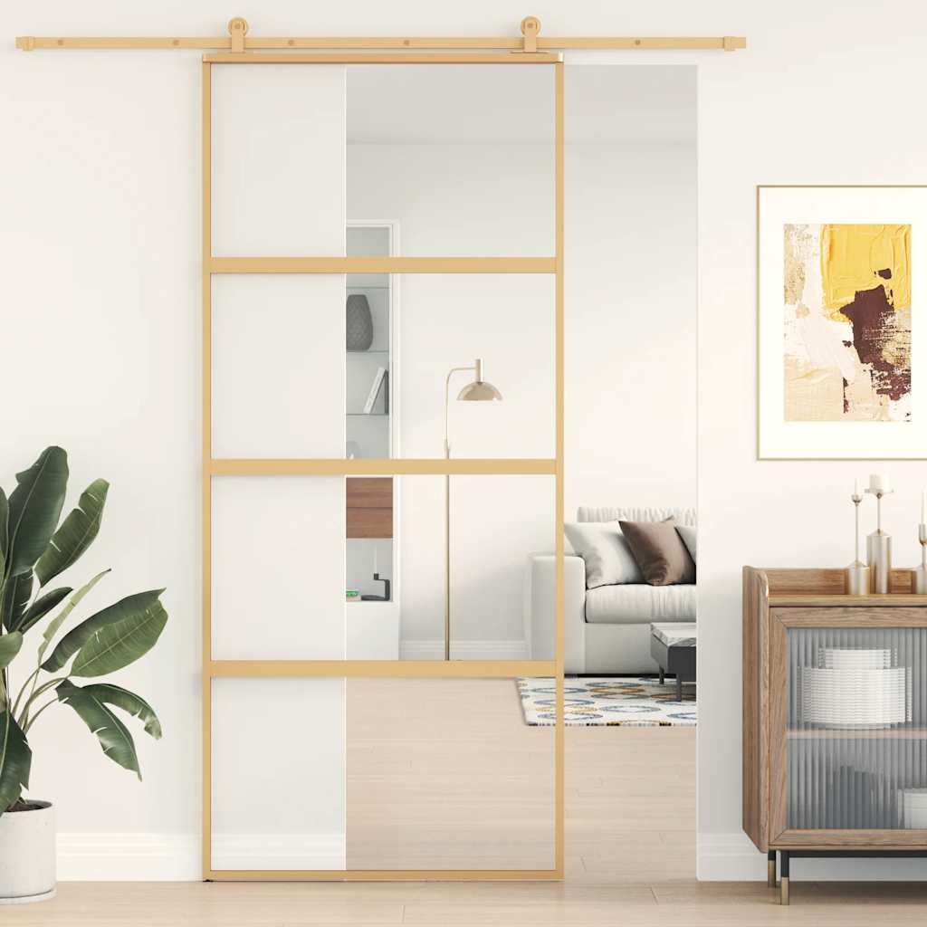Vidaxl Schiebetür 90x205 cm klares ESG -Glas und Aluminium Gold gefärbt