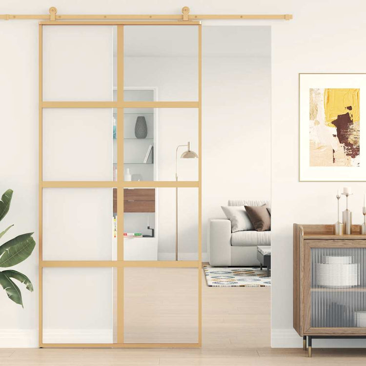 VIDAXL -Schiebetür 102,5 x 205 cm klares ESG -Glas- und Aluminiumgoldfarbe