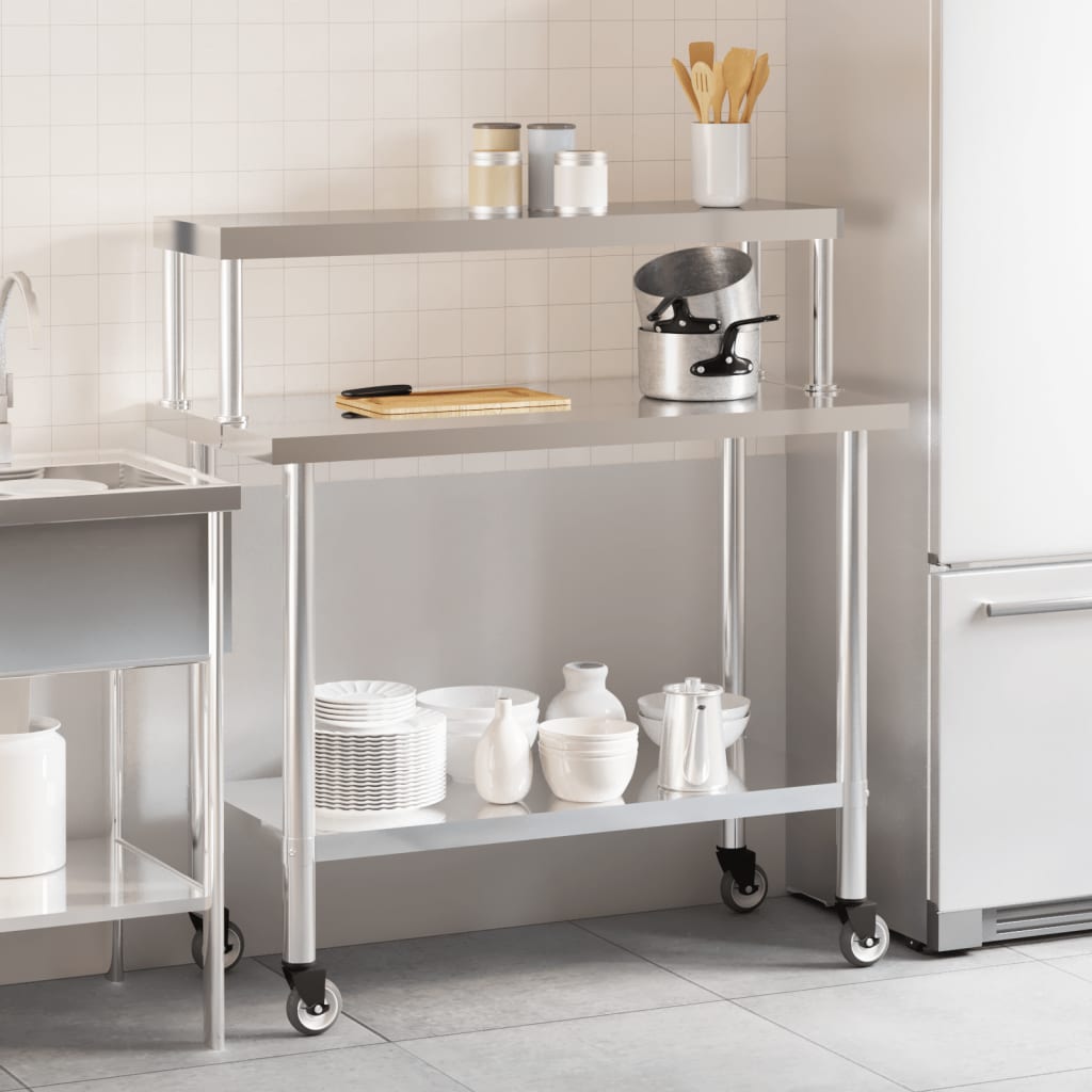 Vidaxx Küchenarbeitstisch mit Ablageplatte 110x55x120 cm aus Edelstahl