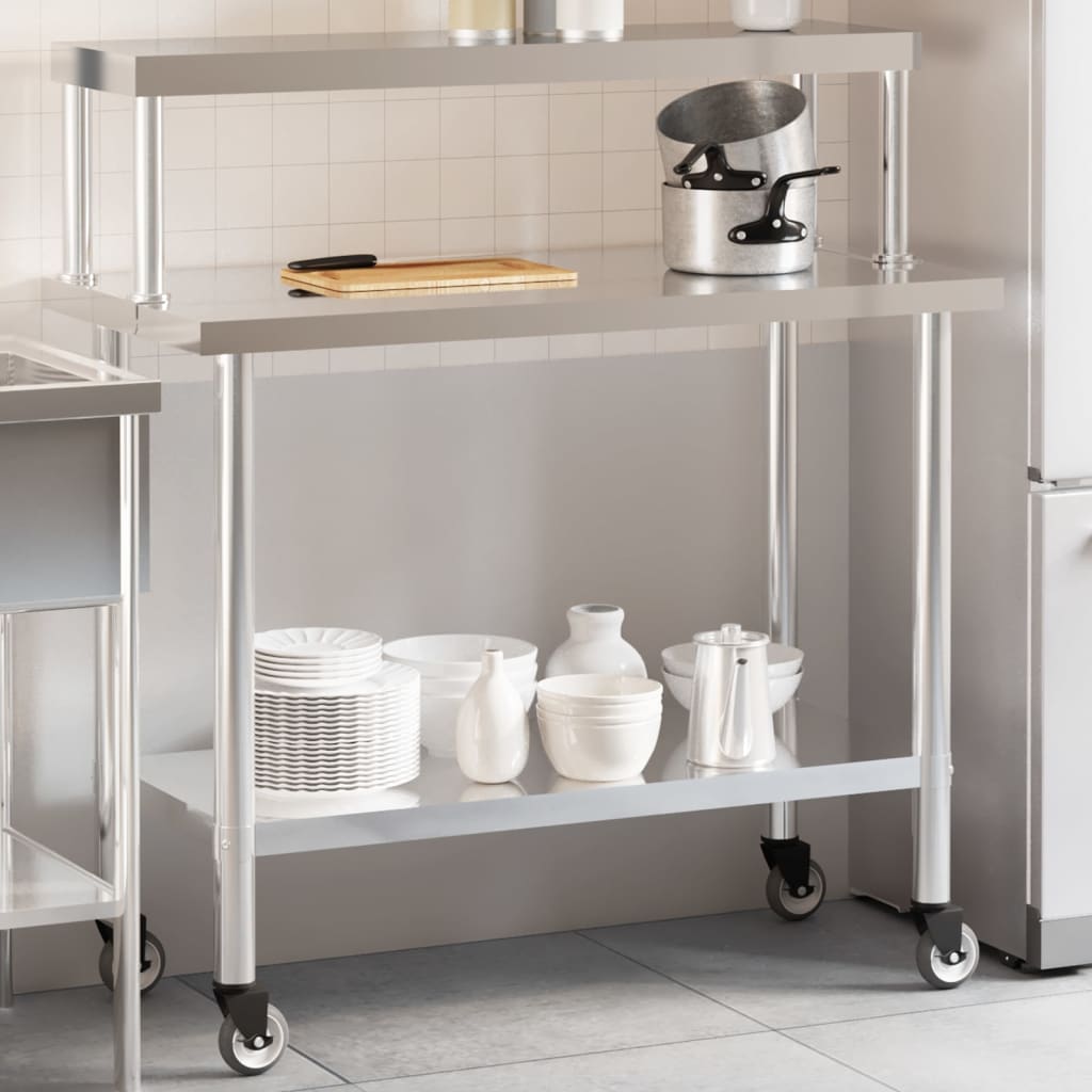 Vidaxx Küchenarbeitstisch mit Ablageplatte 110x55x120 cm aus Edelstahl