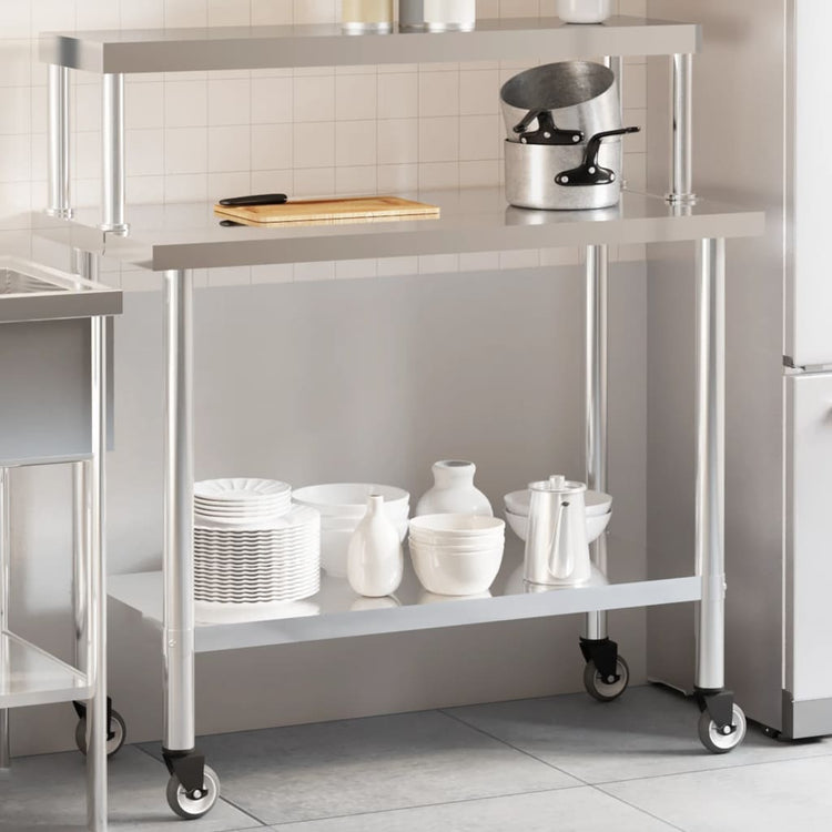 Vidaxx Küchenarbeitstisch mit Ablageplatte 110x55x120 cm aus Edelstahl