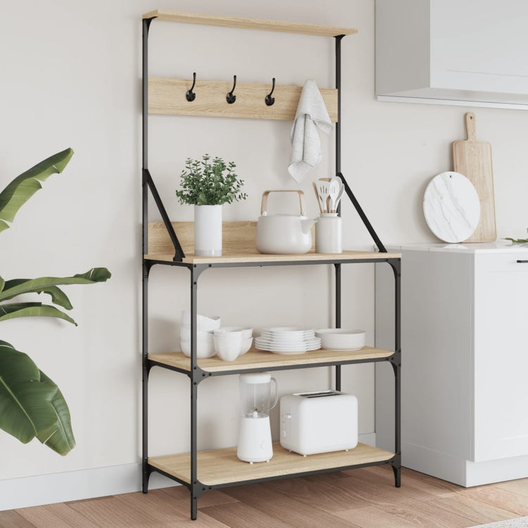 Vidaxl Bakers Rack mit Haken 4-Schicht bearbeitetes Holz Sonoma Eichefarbe