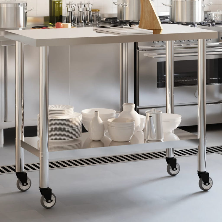 VIDAXL KISchenwork -Tisch mit Rädern 110 x 55 x 85 cm Edelstahl