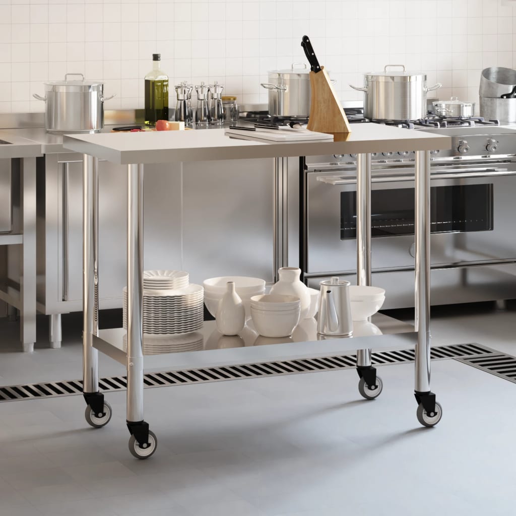 VIDAXL KISchenwork -Tisch mit Rädern 110 x 55 x 85 cm Edelstahl