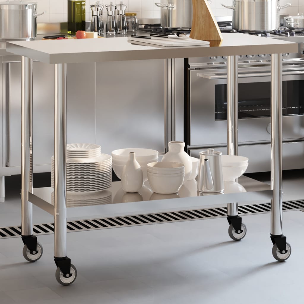 VIDAXL KISchenwork -Tisch mit Rädern 110 x 55 x 85 cm Edelstahl