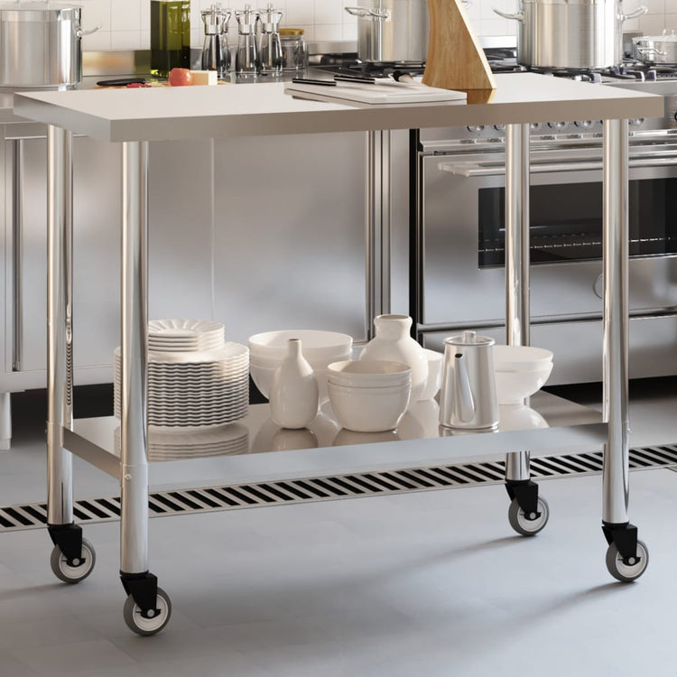 VIDAXL KISchenwork -Tisch mit Rädern 110 x 55 x 85 cm Edelstahl
