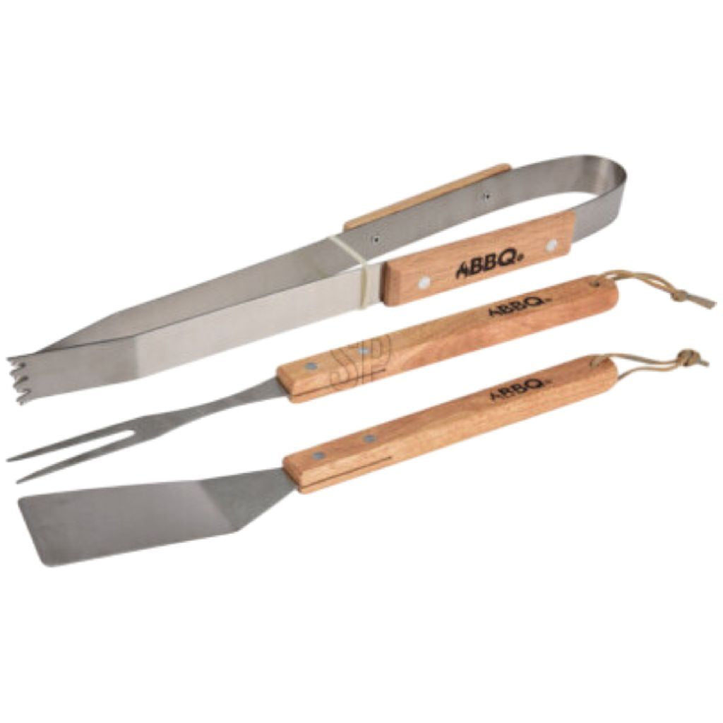 Grillbesteck-Set 3-teilig aus Edelstahl Holz