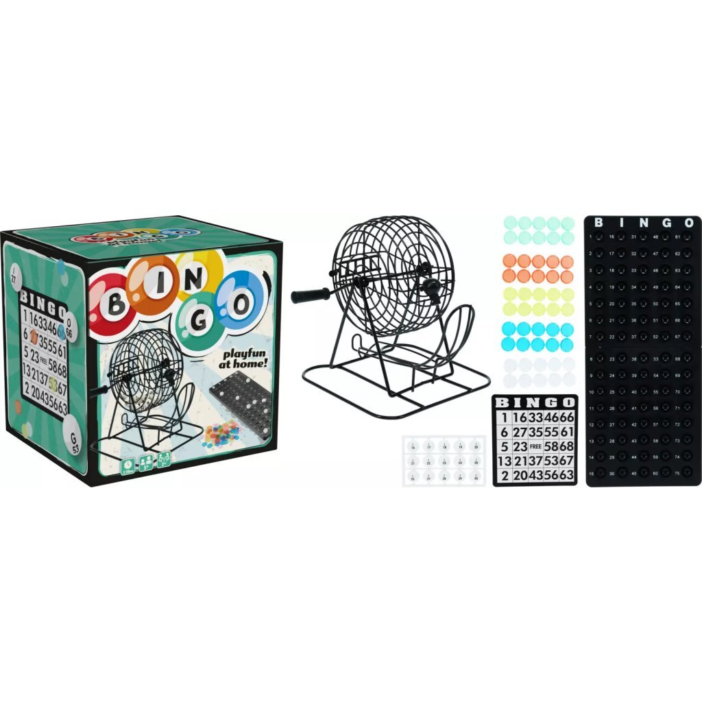 Schwarze Bingorolle mit Spielbrett, Bingokarten und Chips