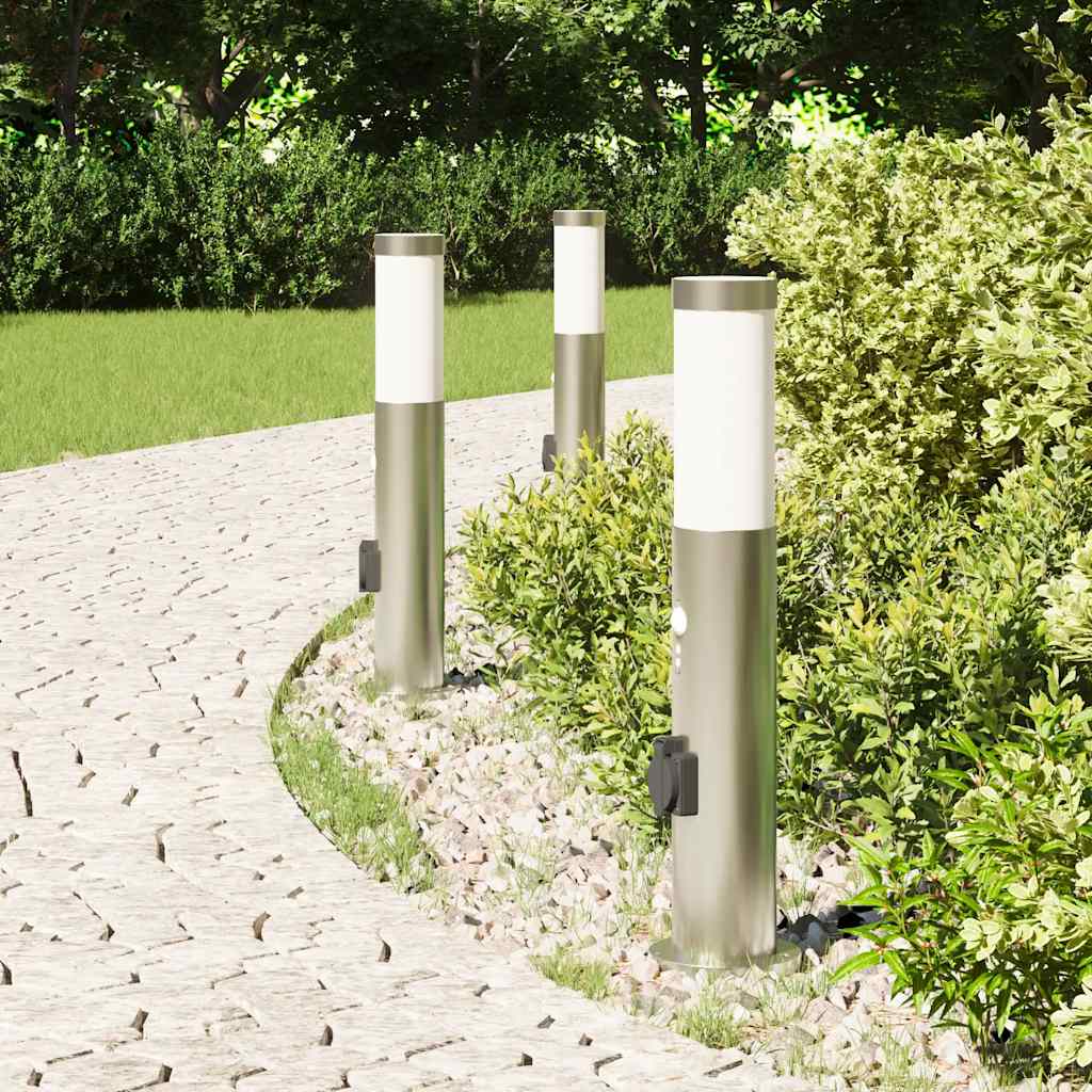 Vidaxx Pollerbeleuchtung mit Sensor und Steckdose 3 Stück 50 cm Edelstahl IP44