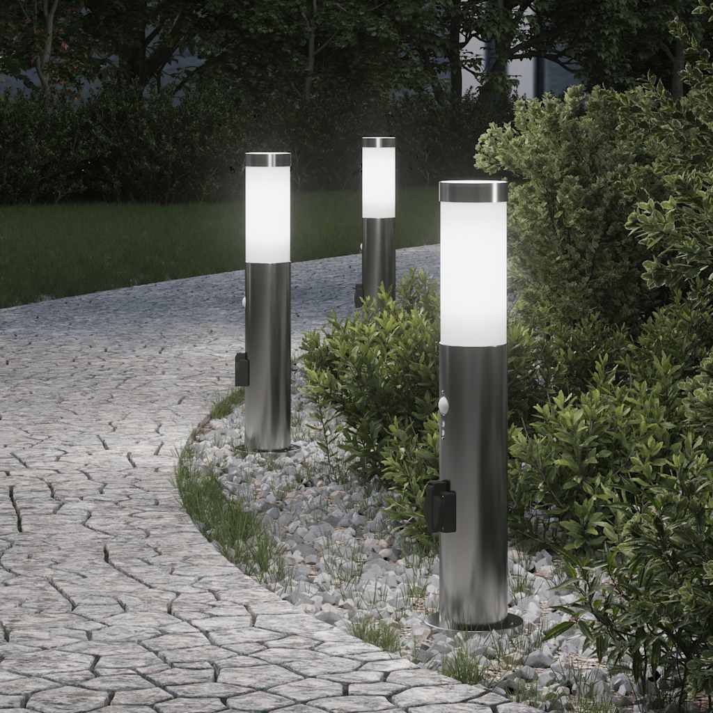 Vidaxx Pollerbeleuchtung mit Sensor und Steckdose 3 Stück 50 cm Edelstahl IP44