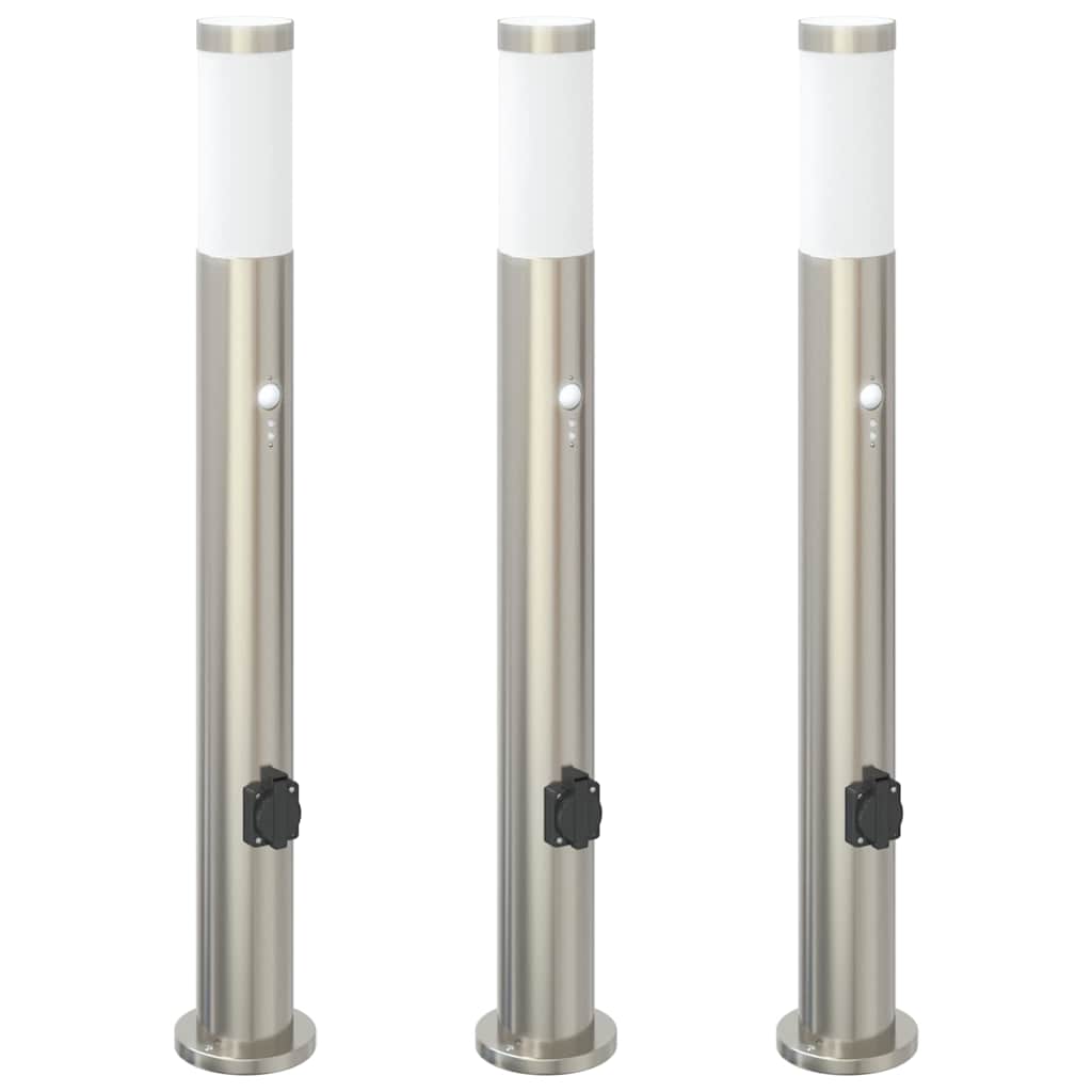 Vidaxx Pollerbeleuchtung mit Sensor und Steckdose 3 Stück 80 cm Edelstahl IP44