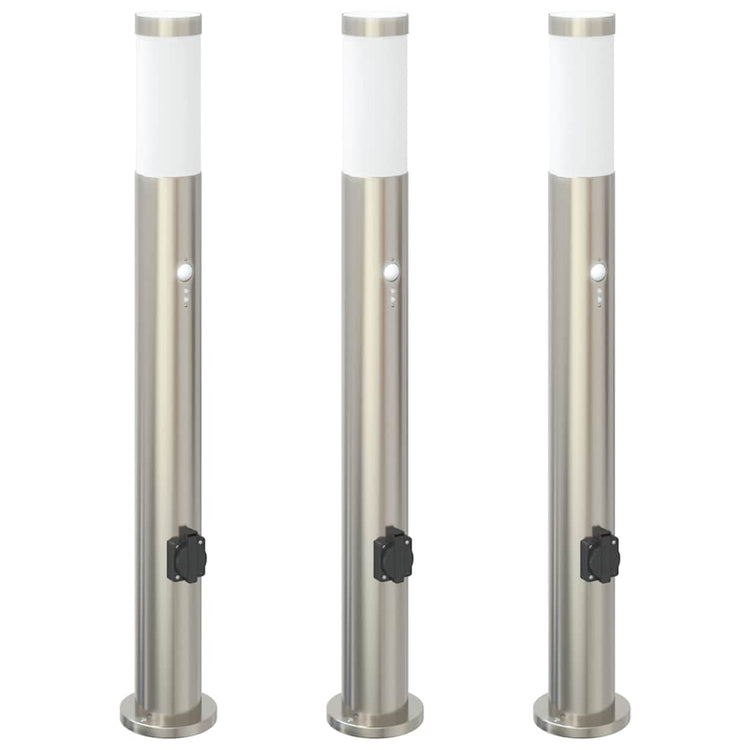 Vidaxx Pollerbeleuchtung mit Sensor und Steckdose 3 Stück 80 cm Edelstahl IP44