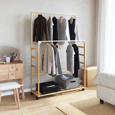 Vidaxl -Kleidungsständer mit Regalen und Rädern 90x35x155 cm Bambus