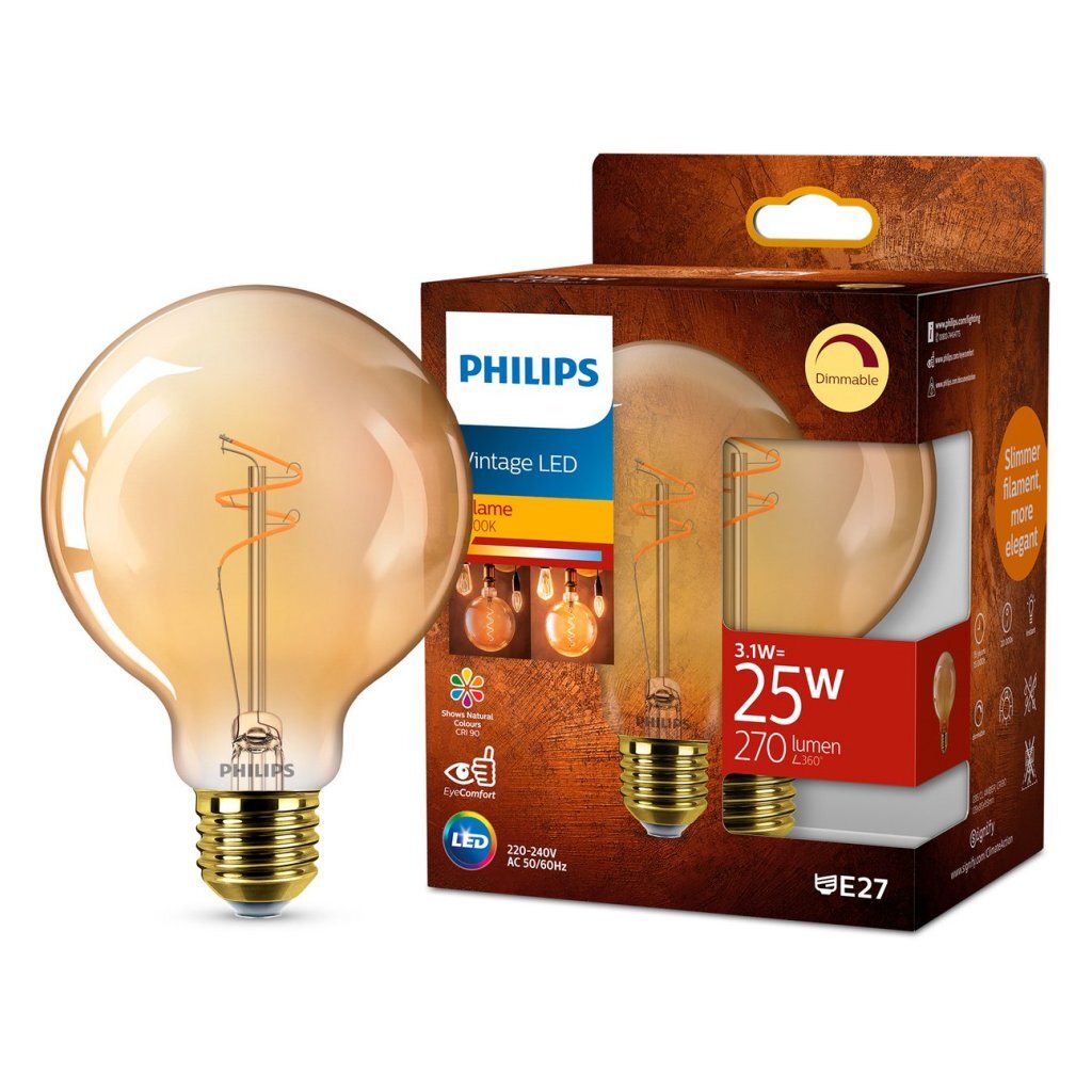 Philips Vintage LED dimmbarer Globus G95 E27 60W Braunglas