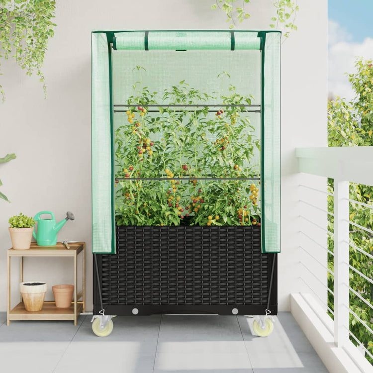 Vidaxl -Pflanzer mit Deckung und Rädern 80x50x182 cm Rattanlook angehoben