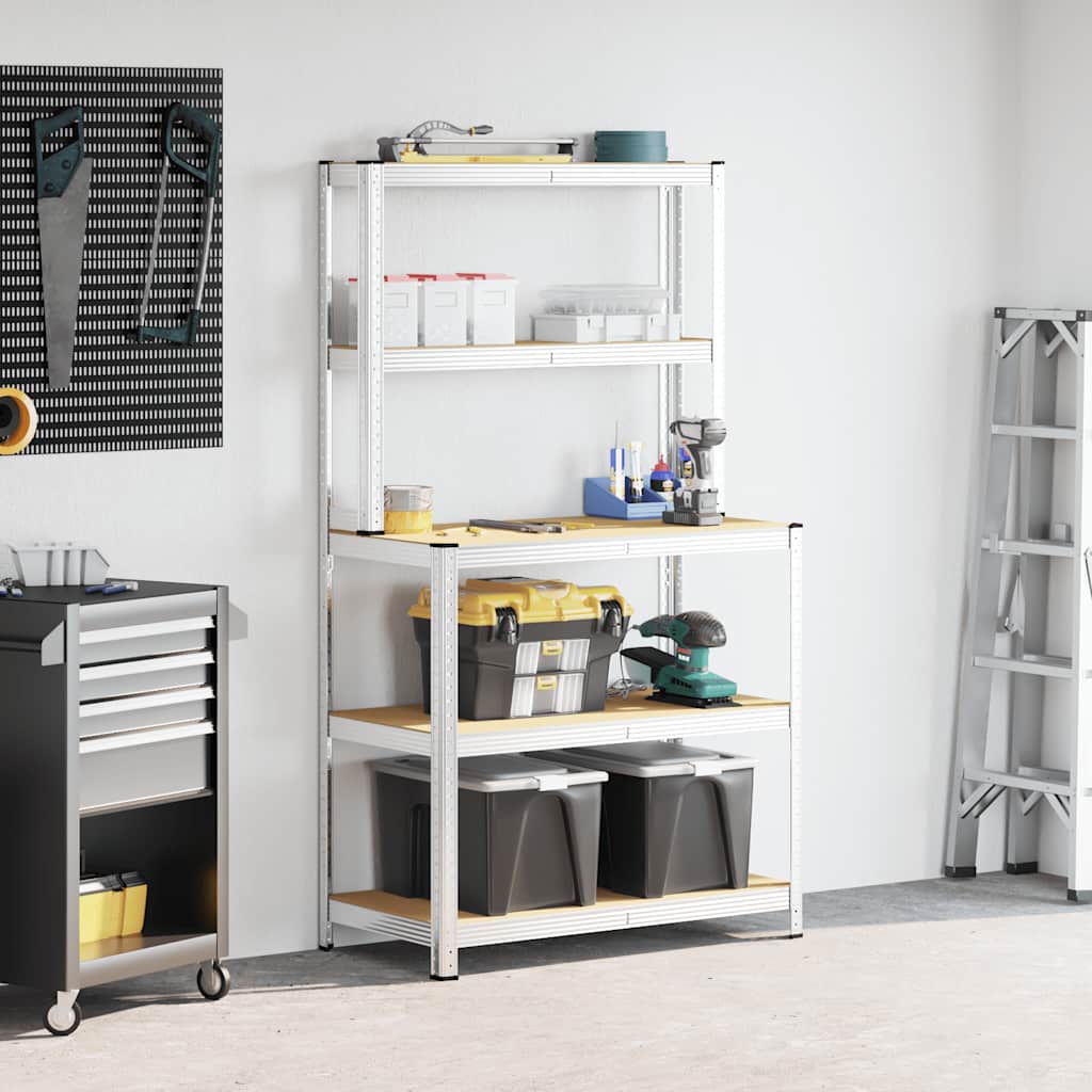 VIDAXL-Arbeitstabelle 5-Schichten mit Regalen Stahl verarbeitet Holz Silber Farbe