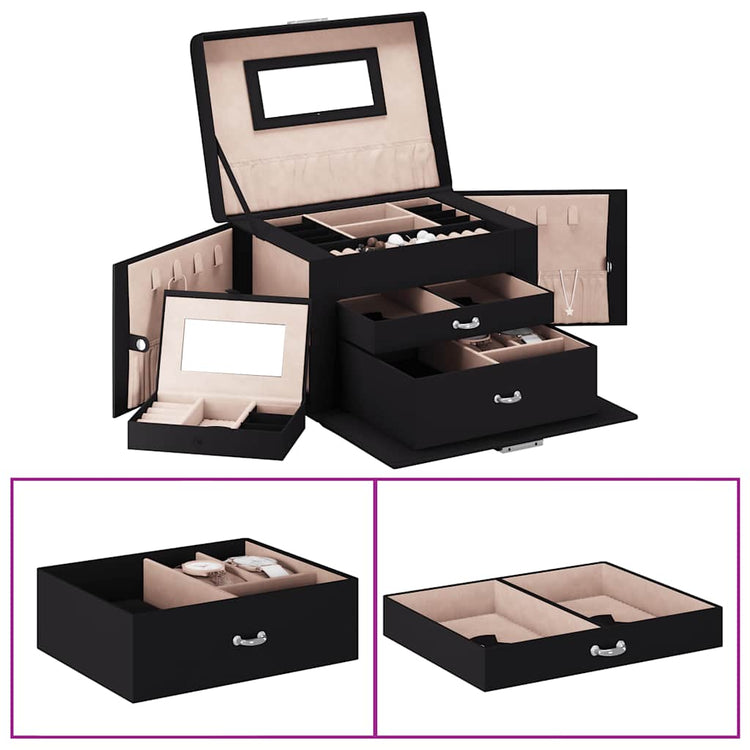 Vidaxx Schmuckkästchen 3-lagig verspiegelt abschließbar 26x18x17,5 cm schwarz