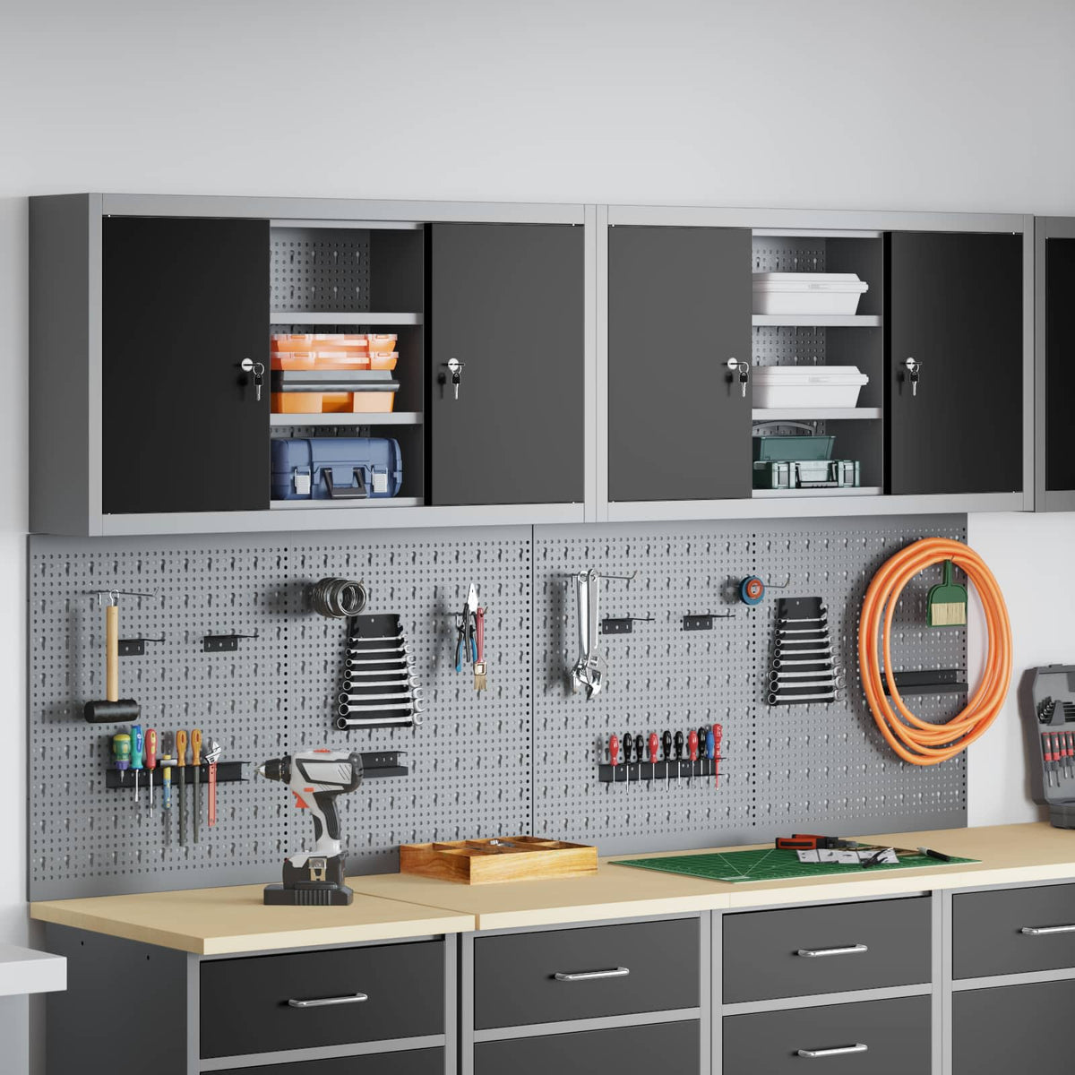 Vidaxxl Werkzeugschrank-Set mit Regal 4-tlg. Schwarz pulverbeschichteter Stahl