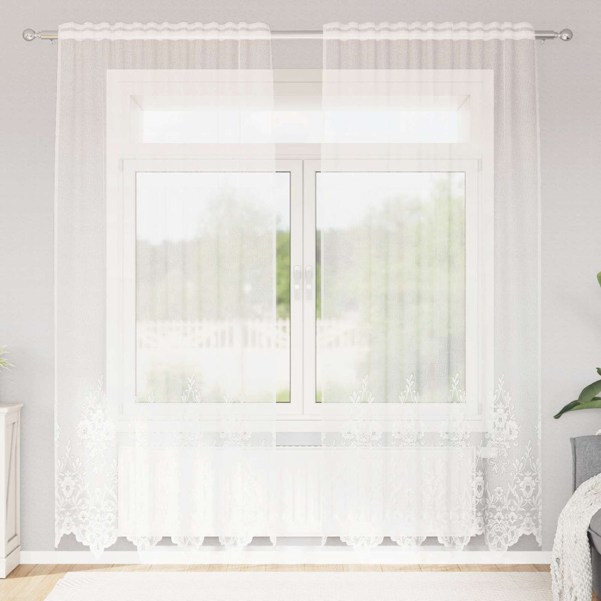 Vidaxx Spitzenvorhang mit Vorhängen Blumen weiß 200 x 150 cm Polyester