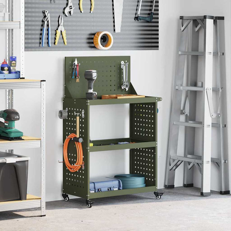 Vidaxxl Werkzeugwagen mit Ablage olivgrün 65 x 35 x 111 cm