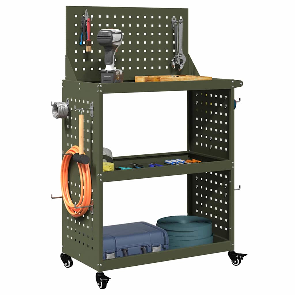 Vidaxxl Werkzeugwagen mit Ablage olivgrün 65 x 35 x 111 cm