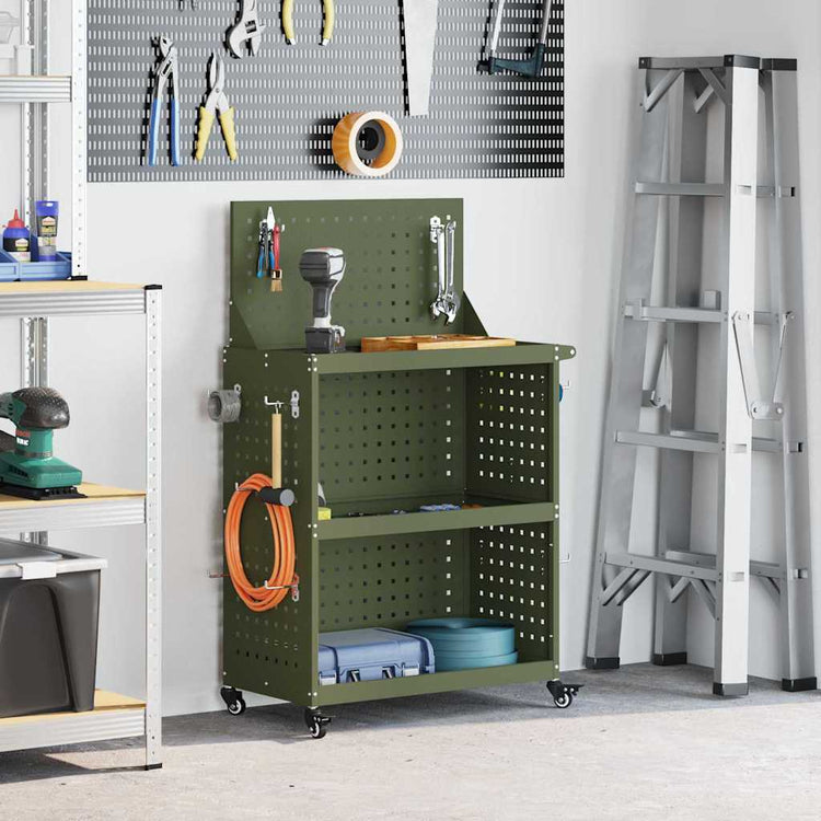 Vidaxxl Werkzeugwagen mit Ablage olivgrün 65 x 35 x 111 cm