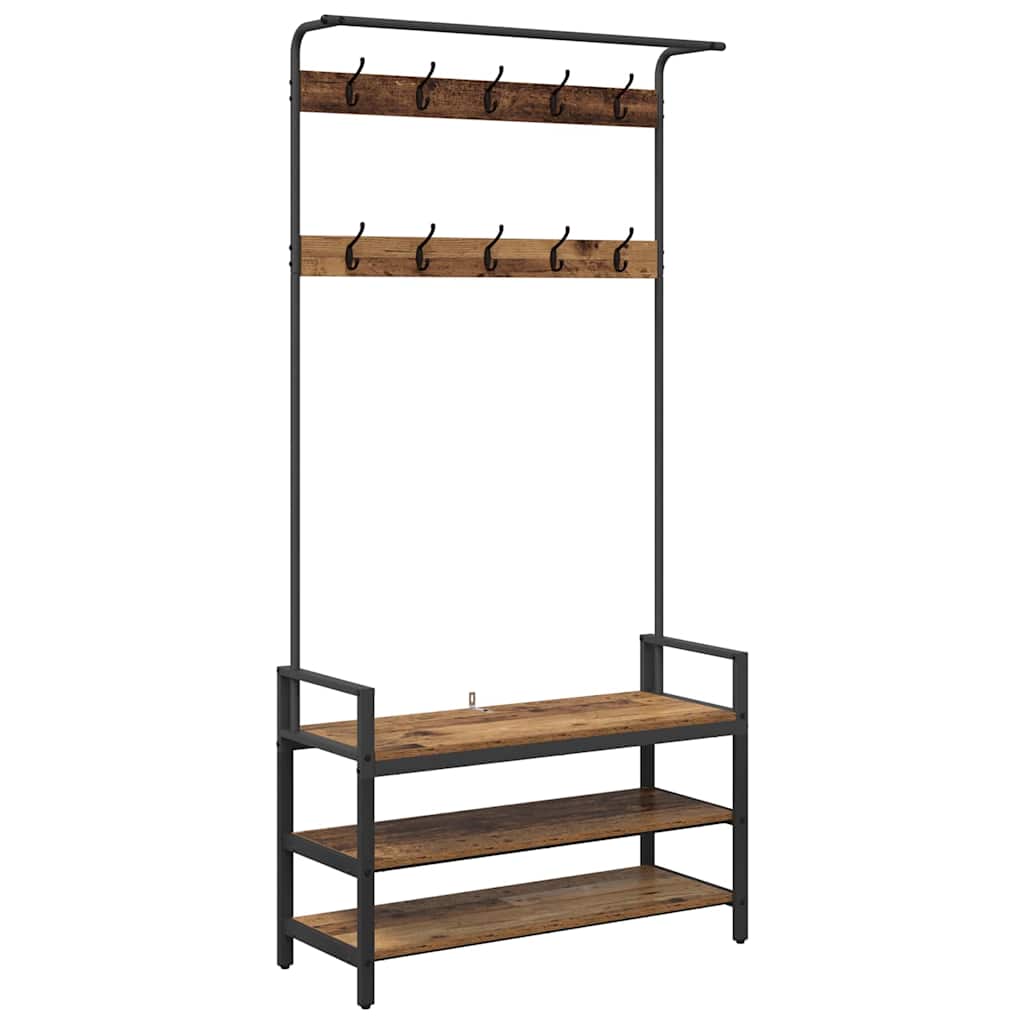 Vidaxxl Garderobenständer mit Ablage Altholz 95 x 34 x 184 cm verarbeitetes Holz