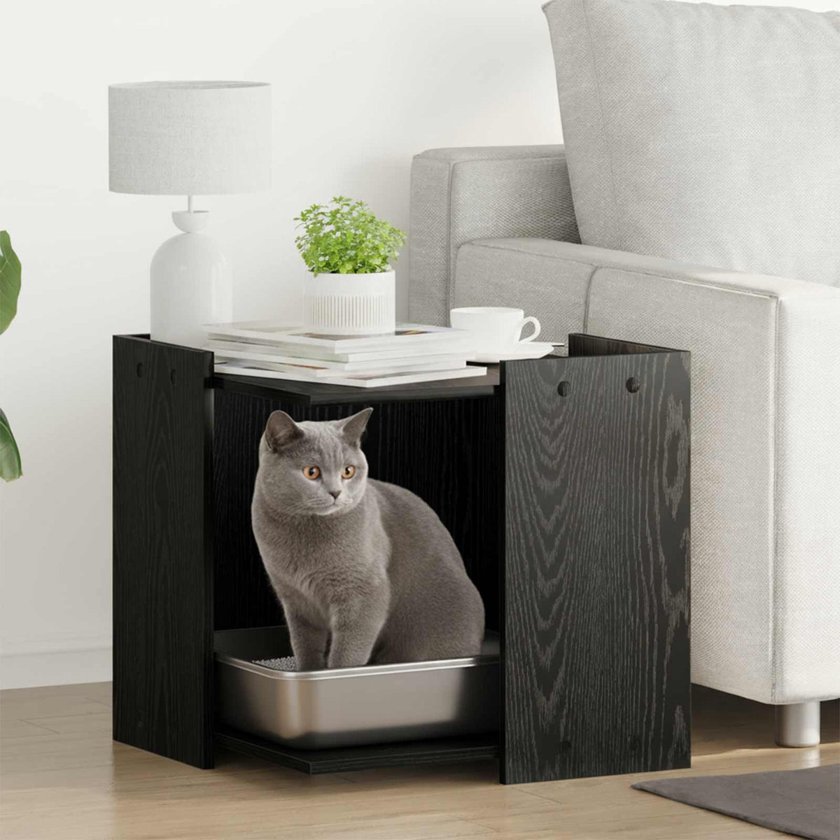 Vidaxxl Katzentoilette-Zaun schwarze Eiche 53 x 53 x 51 cm verarbeitetes Holz