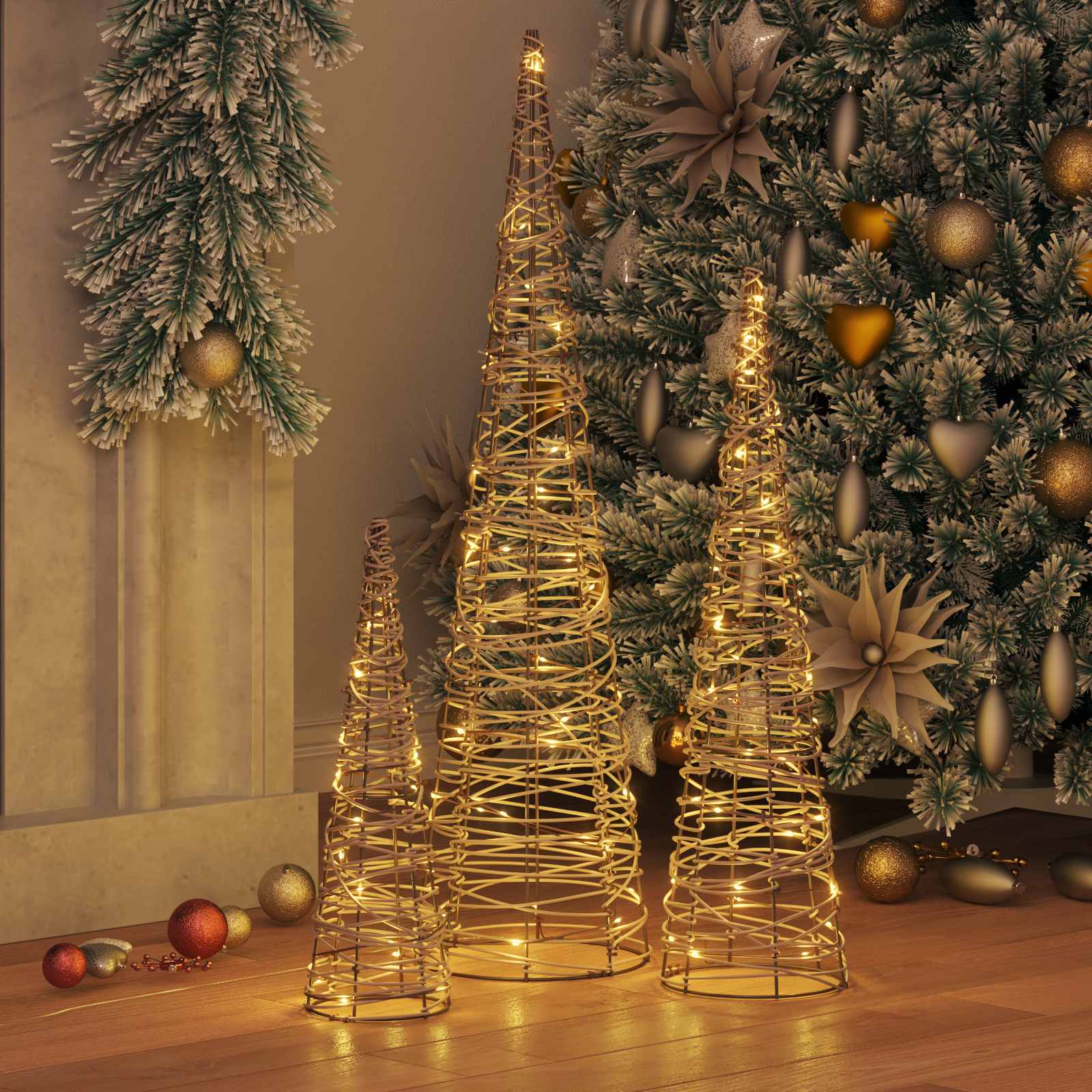 VidaXL Weihnachtsbaum mit 90 LED 3 Stück warmweiß 20 x 20 x 80 cm Rattan