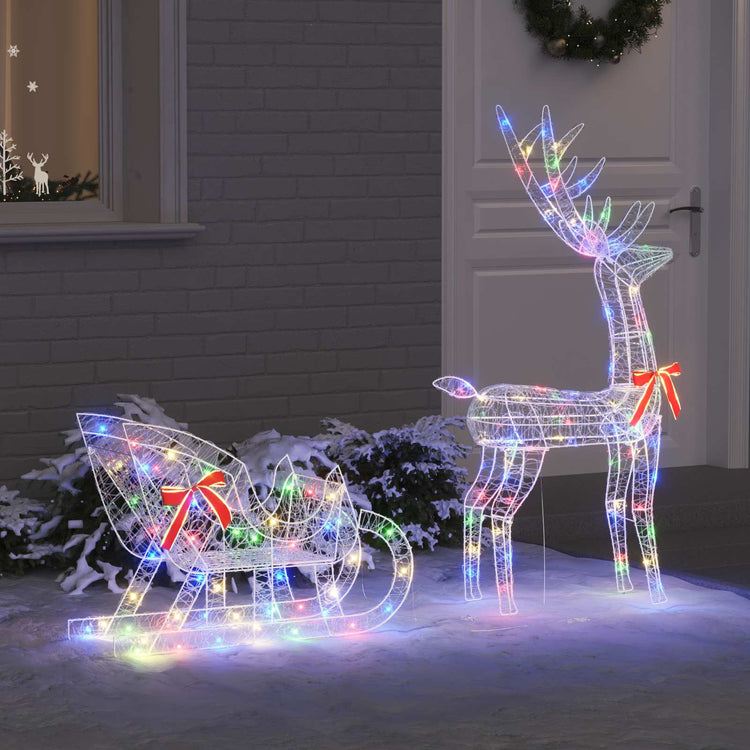 VidaXL Rentier-Schlitten mit 200 LEDs, bunt, 70 x 26 x 129 cm, Acryl