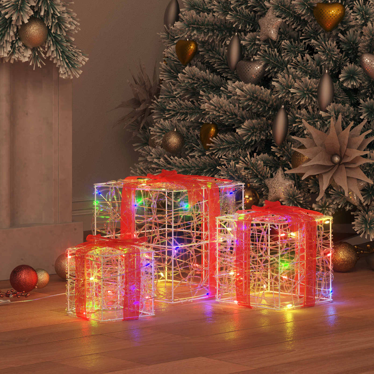 Vidaxxl Geschenkbox mit 60 LEDs, 3 Stück, mehrfarbig, 20 x 20 x 20 cm, Acryl