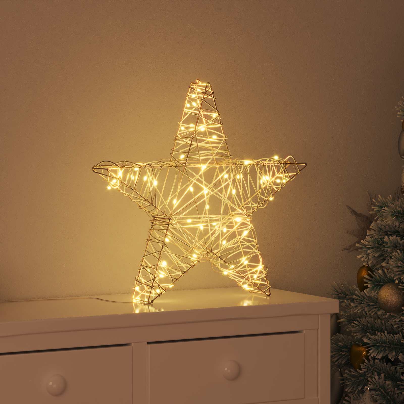 VidaXL 3D-Stern mit 50 LED warmweiß 55 x 52,5 x 9 cm Rattan