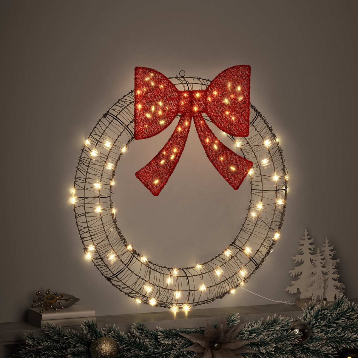 Vidaxx Kranz mit 80 LED warmweiß 91 x 91 x 9 cm Rattan