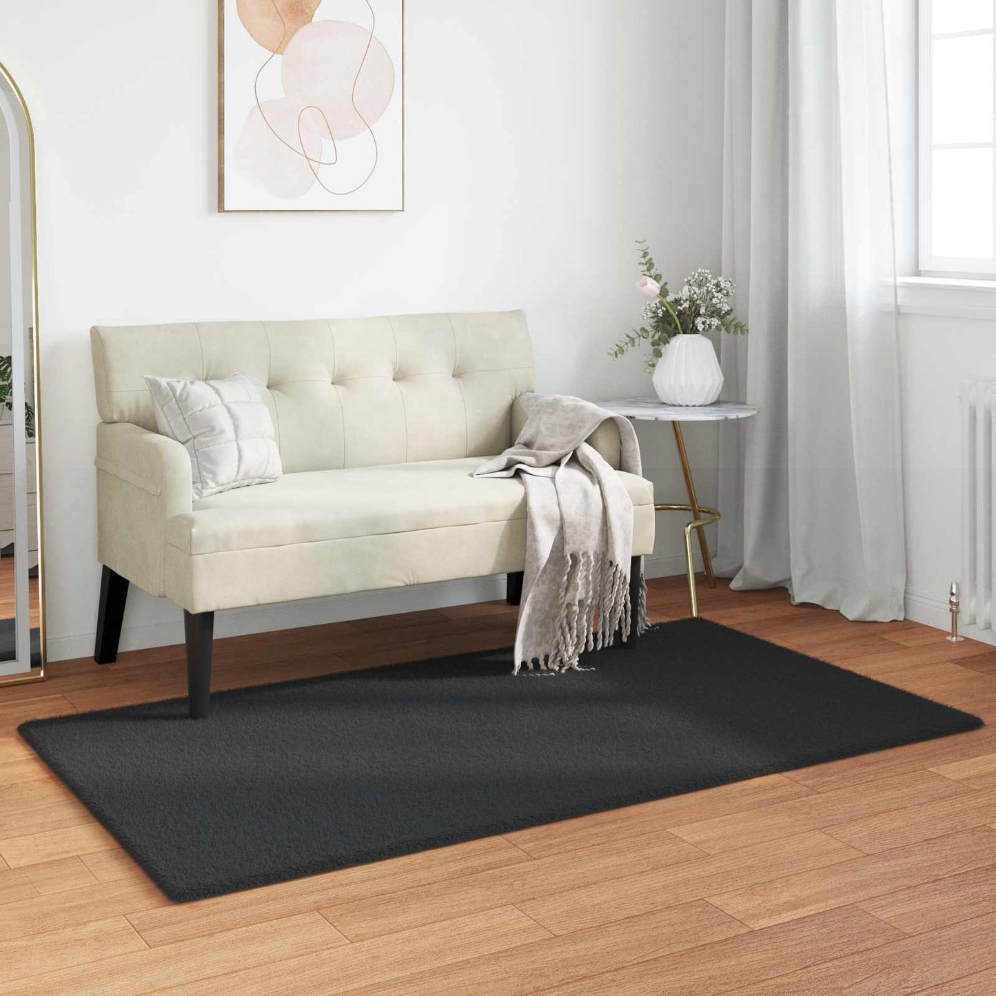 VidaXL Kunstkaninchenfell-Teppich, geölt, schwarz, 60 x 110 cm, Polyester