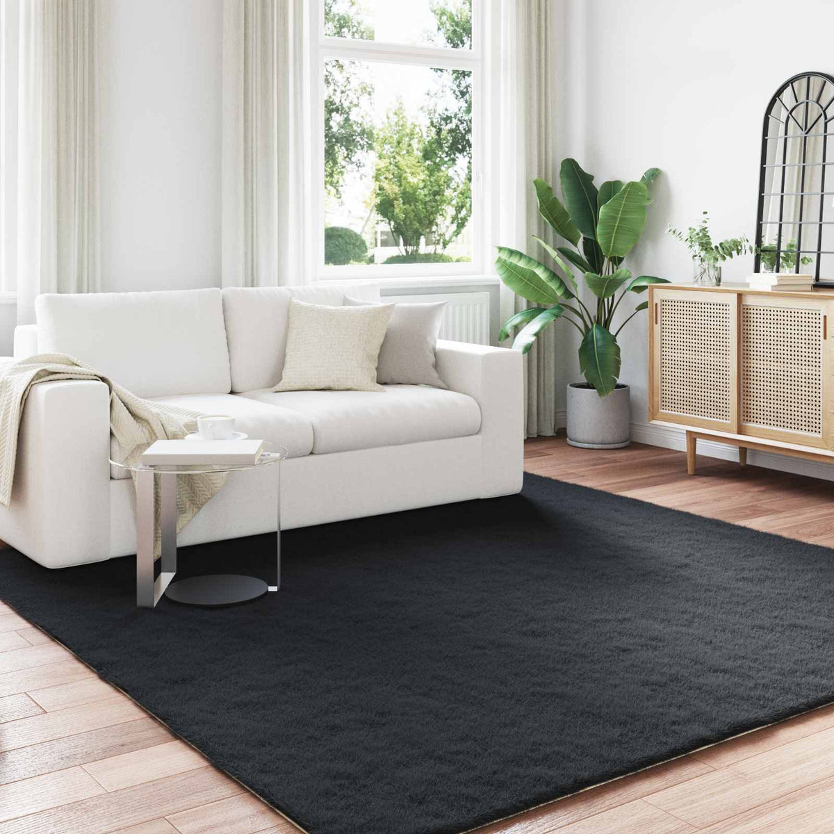 VidaXL Kunstkaninchenfell-Teppich, geölt, schwarz, 200 x 200 cm, Polyester