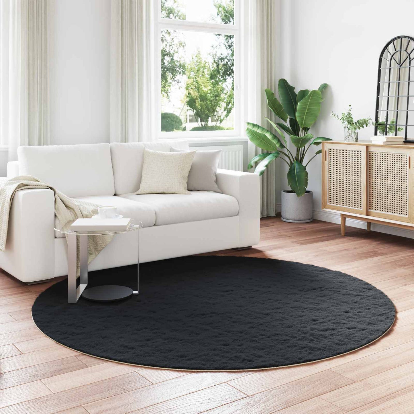 VidaXL Kunstkaninchenfell-Teppich, geölt, schwarz, ø 200 cm, Polyester