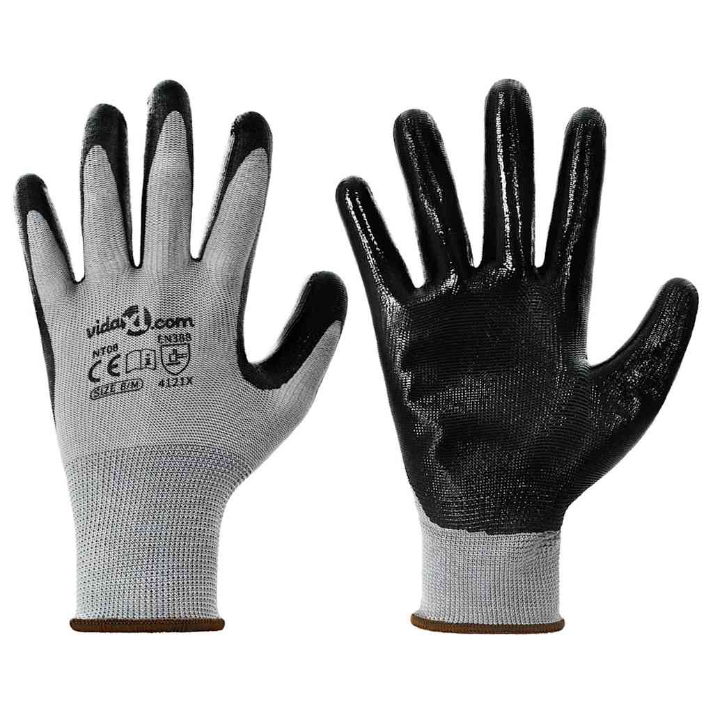 VidaXL Arbeitshandschuhe 12 Stück grau und schwarz 8 m Polyester