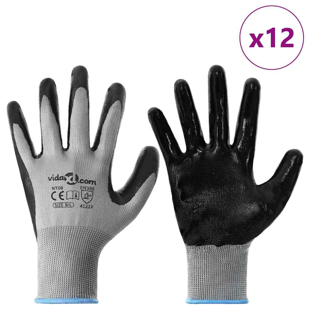 Vidaxl Arbeitshandschuhe 12 Stück grau und schwarz 9 l Polyester