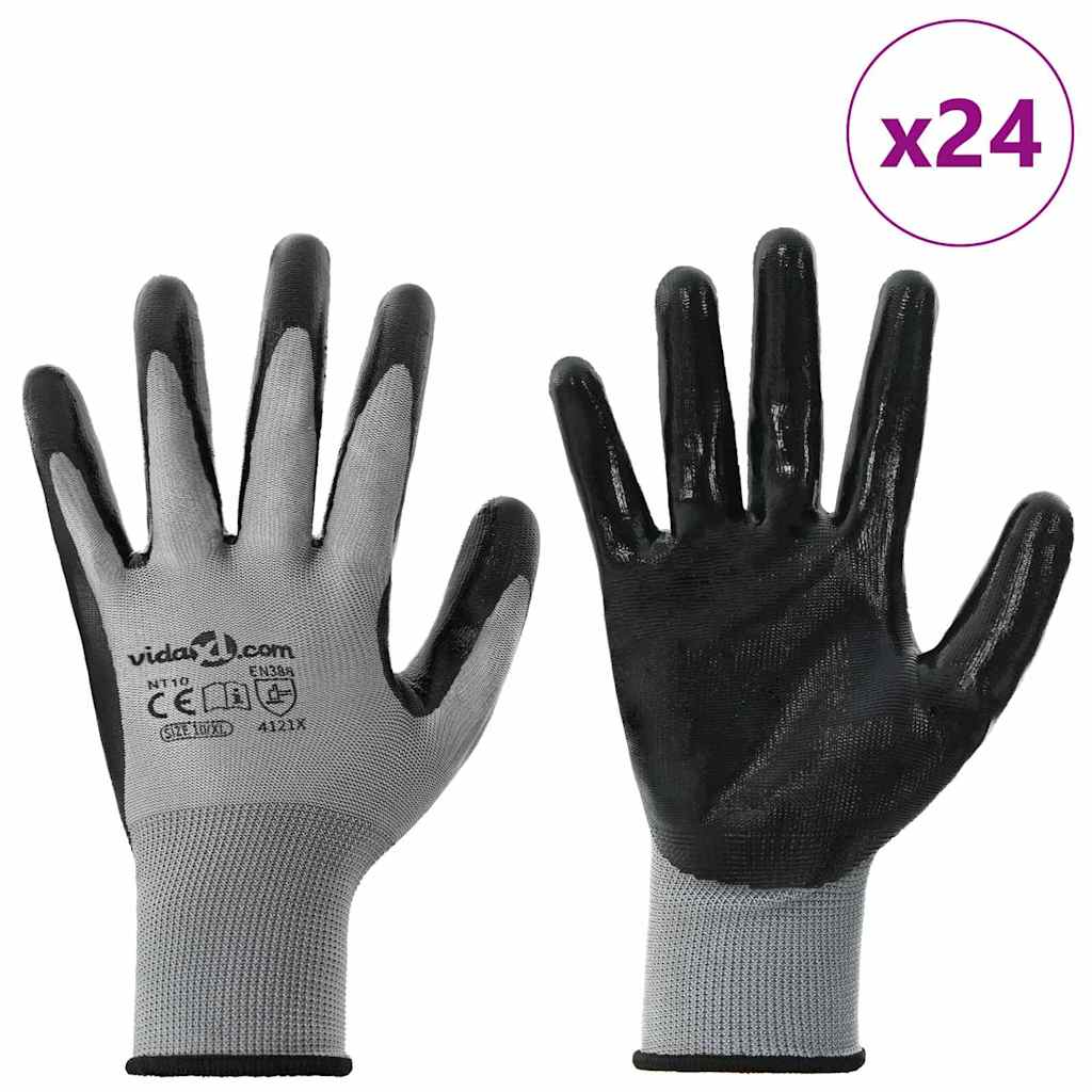 Vidaxl Arbeitshandschuhe 24 Stück grau und schwarz 10 XL Polyester