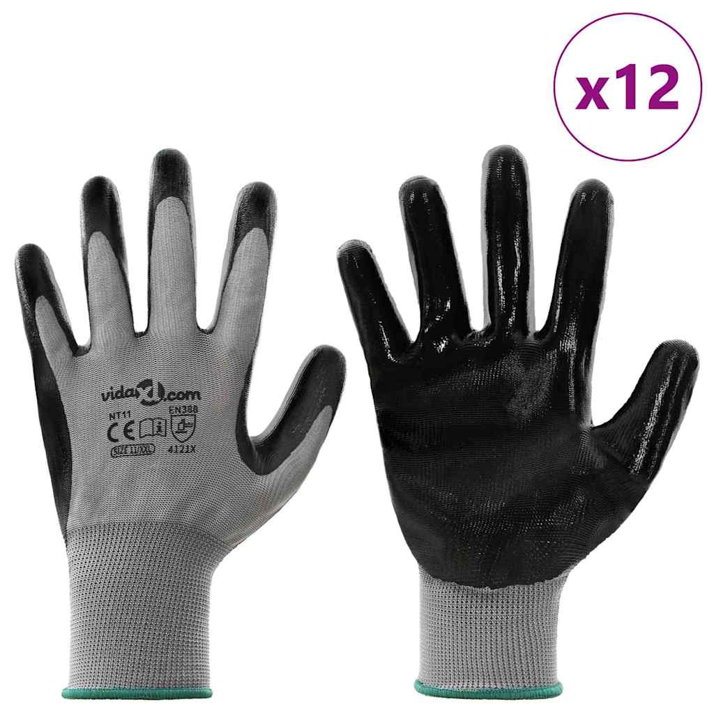 VidaXL Arbeitshandschuhe 12 Stück grau und schwarz 11 xxl Polyester